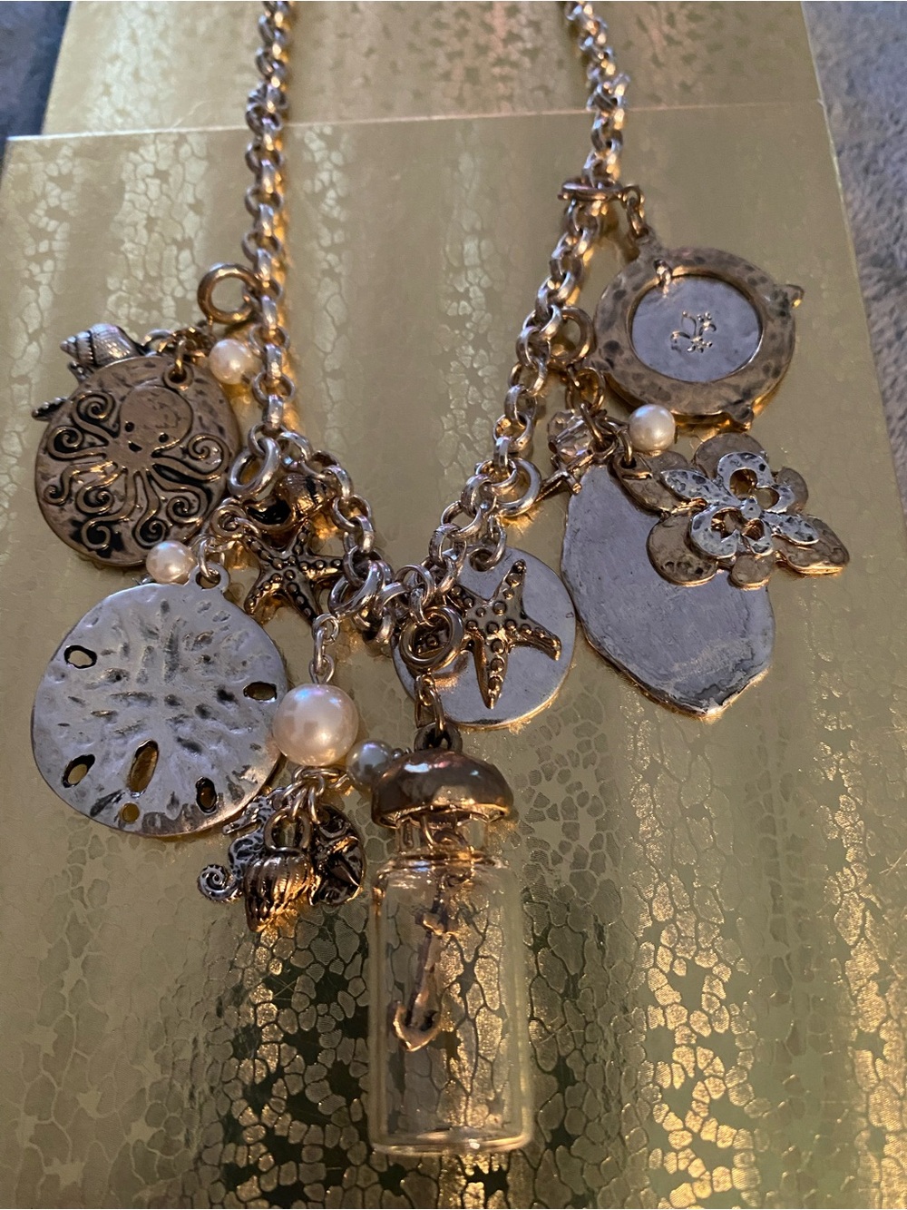 New Silver and Gold Beach Charm Necklace with Pearls